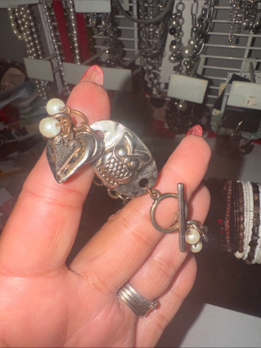 Vintage-Inspired Silver Owl Charm Bracelet with Pearls
